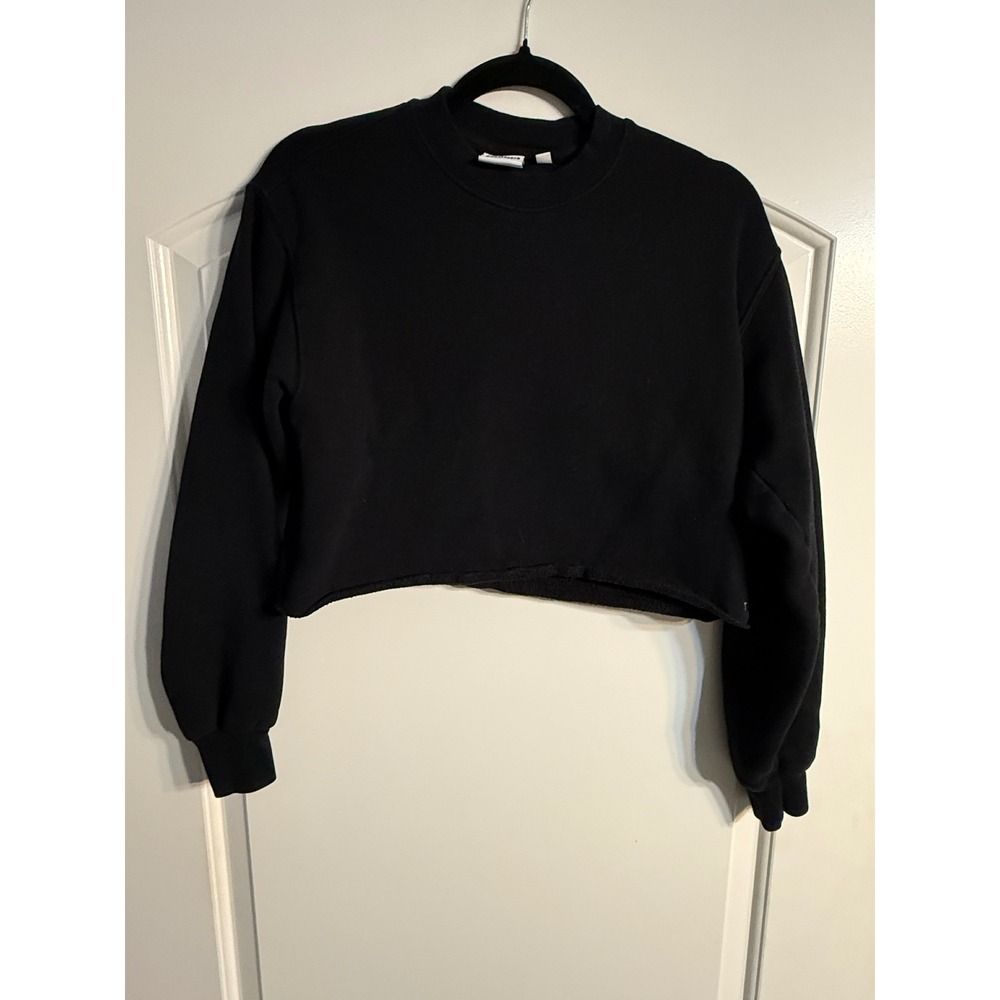TNA Sweatfleece Sweatshirt XS Black Cropped Cozy Fleece Raw Hem Aritzia Cozycore